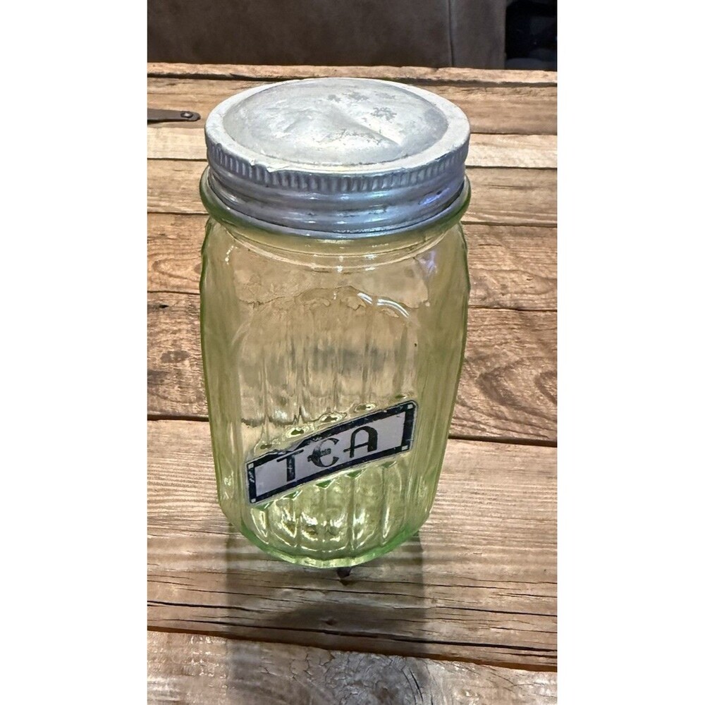 Vintage 1930s Hoosier Ribbed Green Depression Glass Tea Canister Uranium